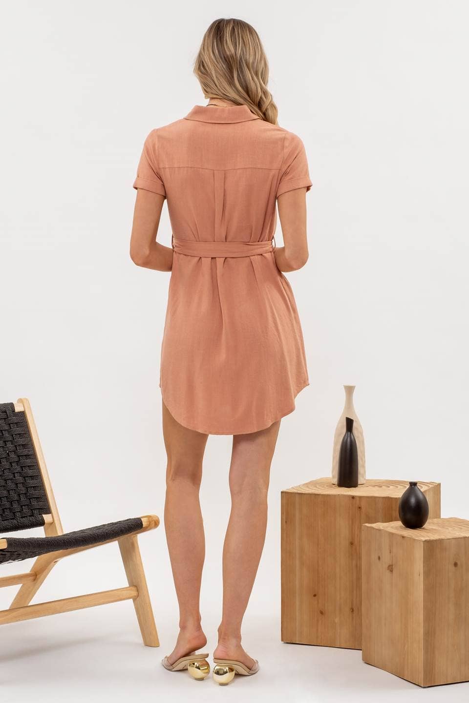 COLLARED BUTTON DOWN BELTED MINI DRESS