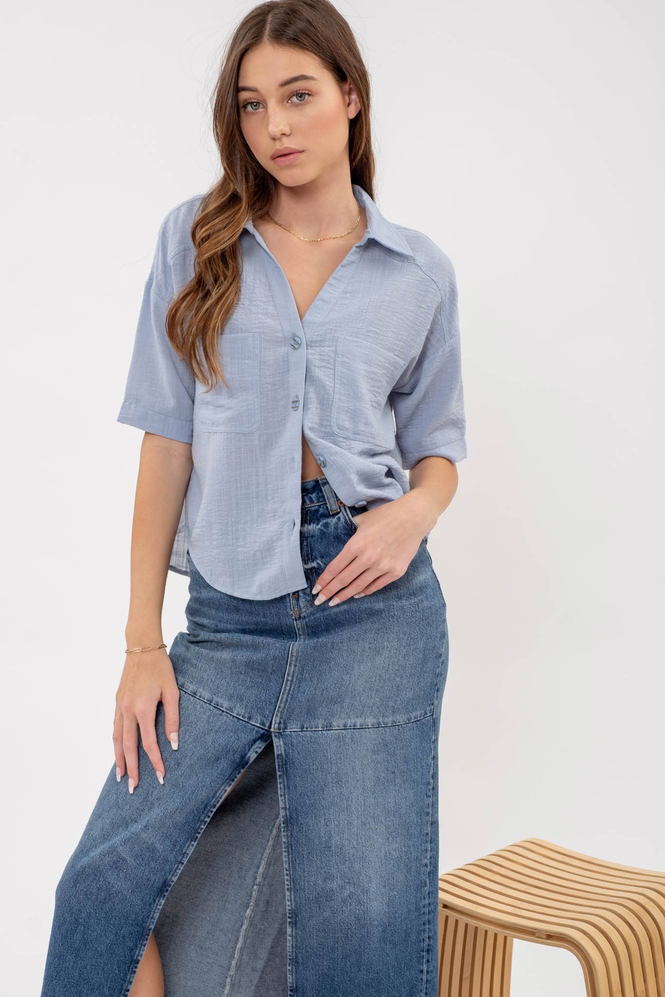 GAUZE SHORT SLEEVE BUTTON DOWN SHIRT