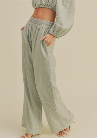 Wide Leg Long Pants in Sage Green