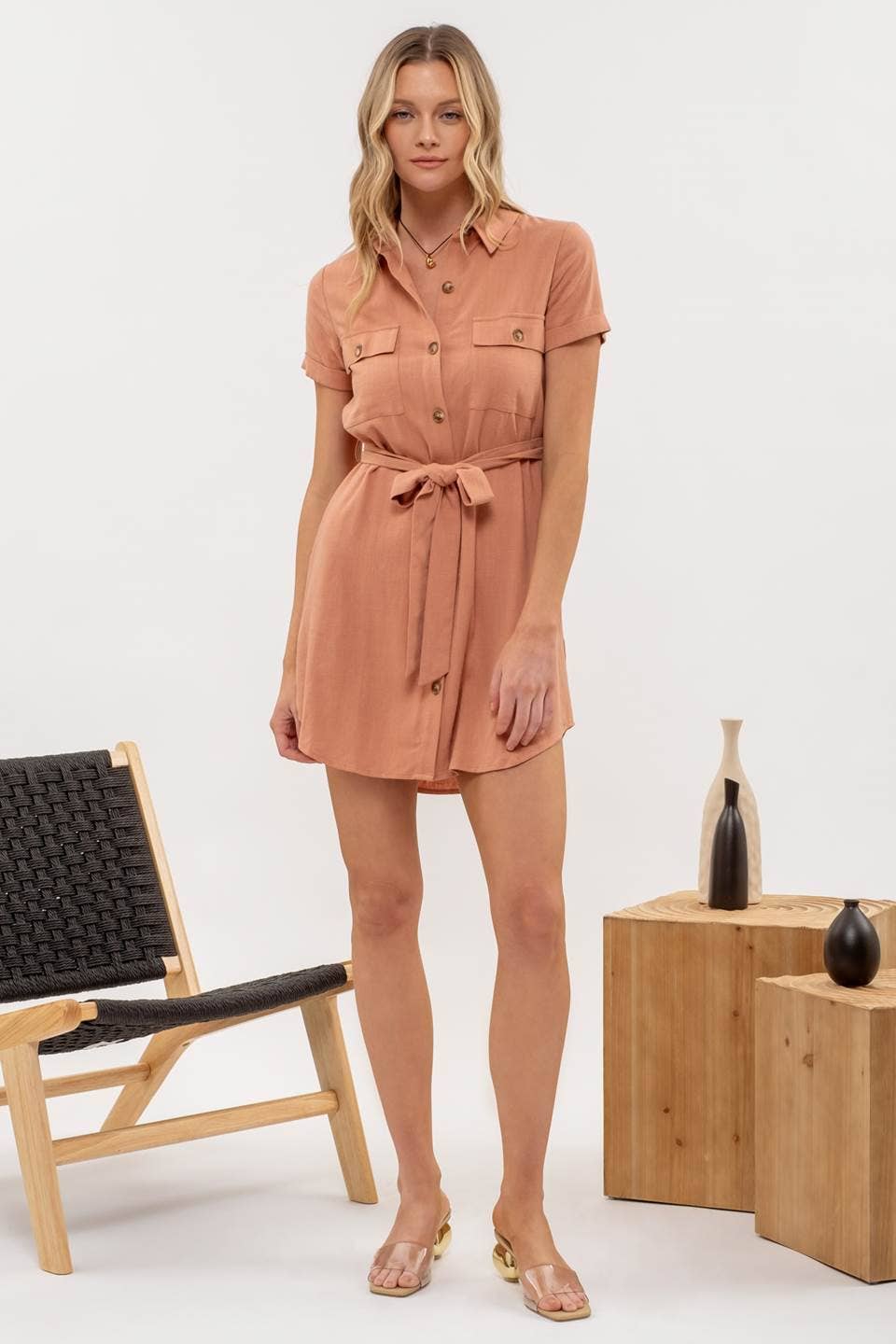 COLLARED BUTTON DOWN BELTED MINI DRESS